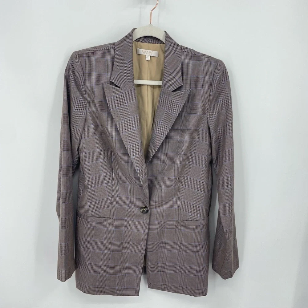 WAYF Goodwin‎ single breasted 1 Button Blazer Jacket check brown blue Sz S